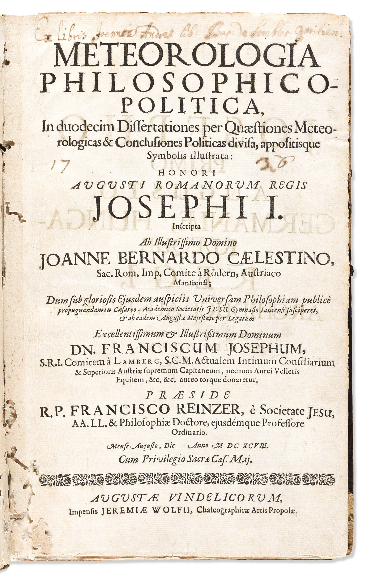Reinzer, Franz (1661-1708) Meteorologia Philosophico-Politica, in Duodecim Dissertationes per Quaestiones Meteorologicas et Conclusione